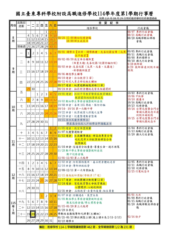 進修學校114學年度第1學期行事曆圖片